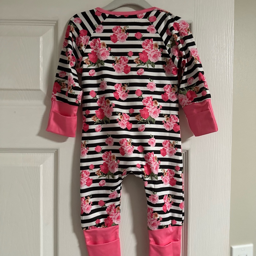 Baby Floral Romper with pink flowers & black stripes. Size 6-9 months - Picture 3 of 3